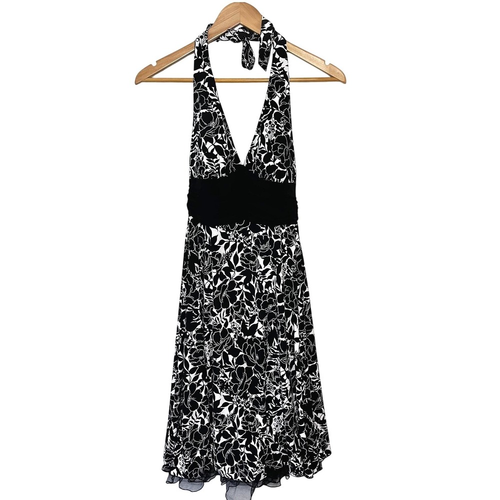 Studio Y Black White Floral Halter Y2K Dress Ruched Babydolly2k Mesh Trim Small